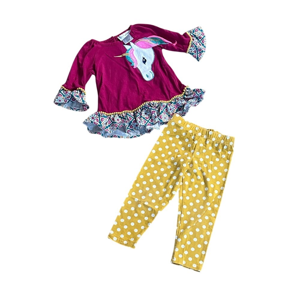 Emily Rose‎ Toddler Girls 2T Unicorn Berry Pink Ruffle Bell Sleeve Leggings Set